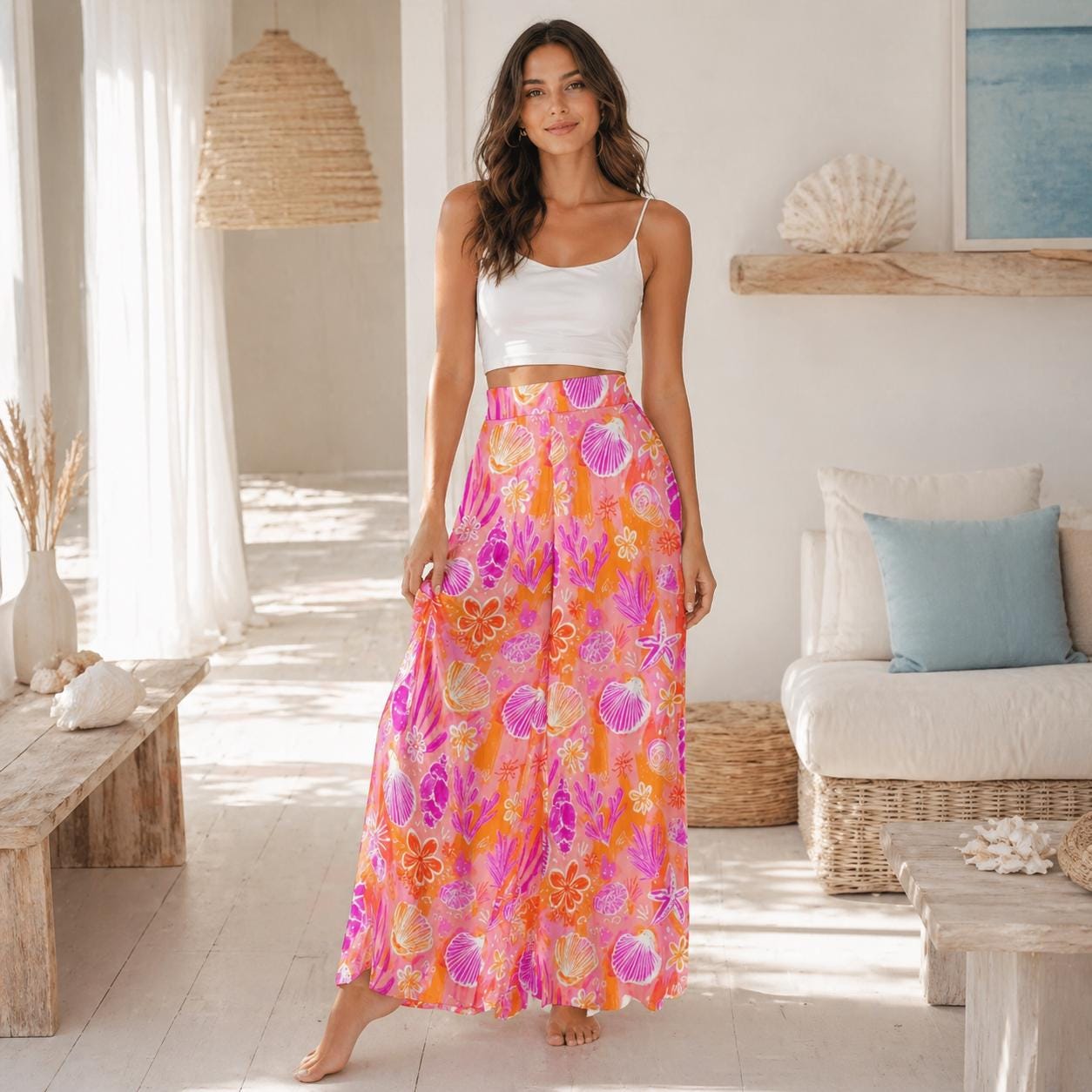 Pink Shell Wide Leg Pants, Tropical Coral Reef Beach Loungewear, Summer Vacation Bottoms