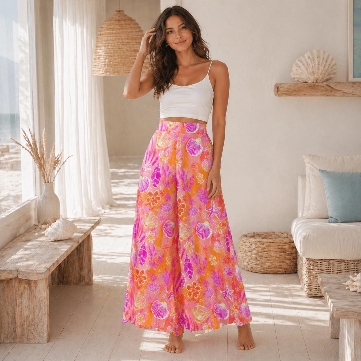 Pink Shell Wide Leg Pants, Tropical Coral Reef Beach Loungewear, Summer Vacation Bottoms