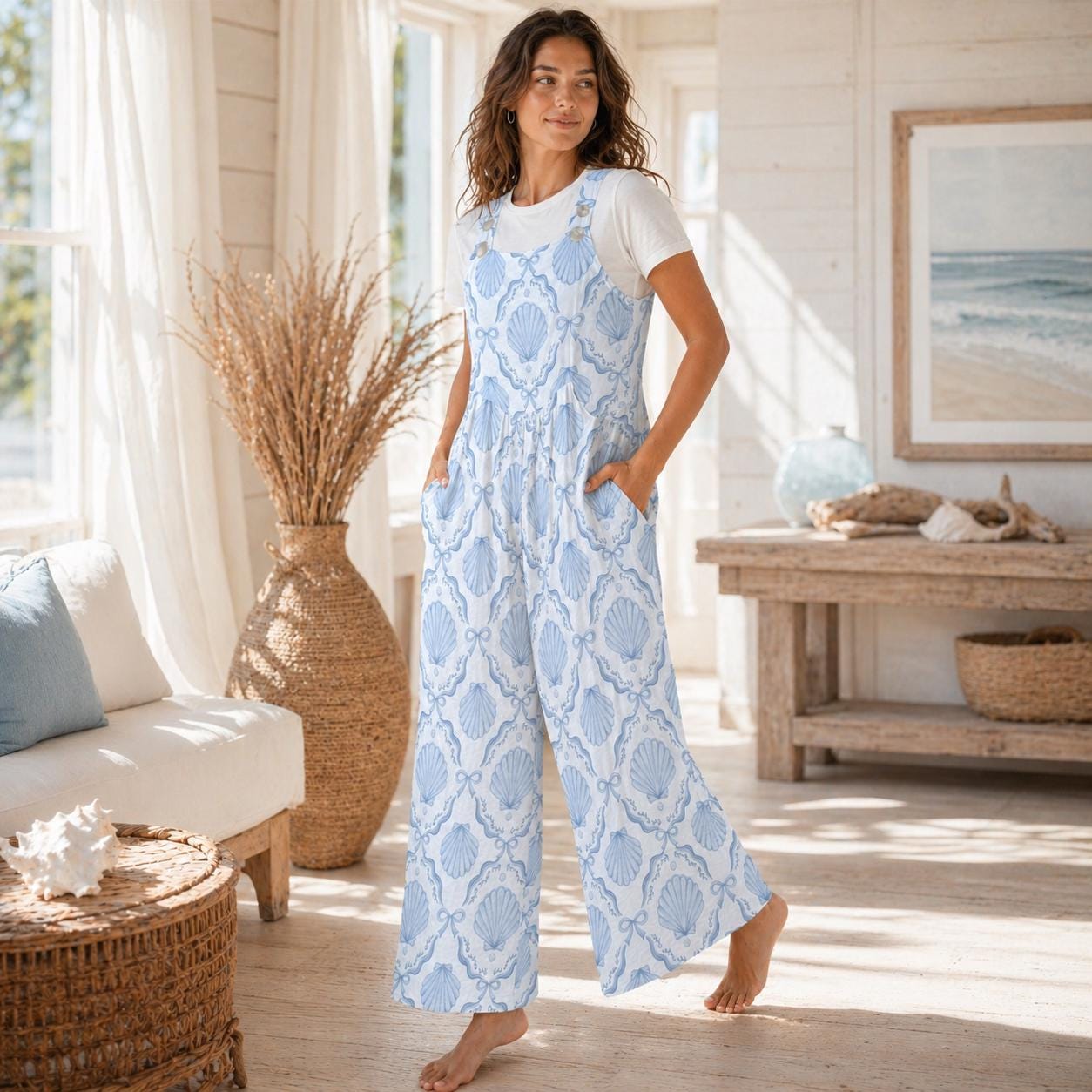 Blue Seashell Wide Leg Jumpsuit, Nautical Beach Resort One Piece