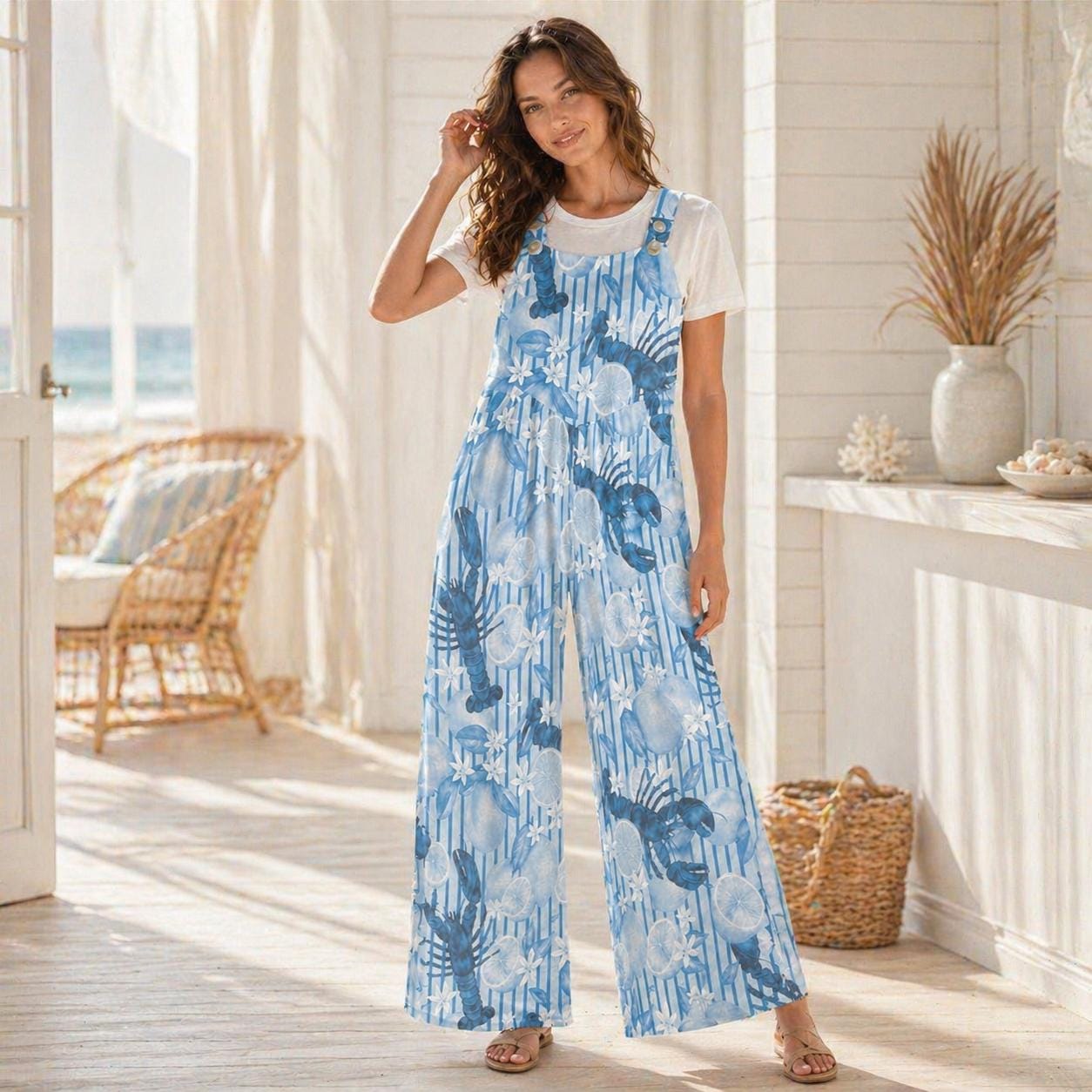 Blue Lobster Citrus Print Wide Leg Jumpsuit, Nautical Summer Romper