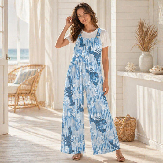 Blue Lobster Citrus Print Wide Leg Jumpsuit, Nautical Summer Romper