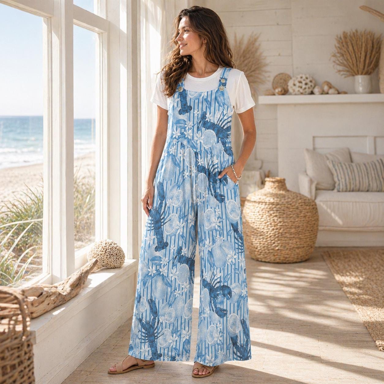 Blue Lobster Citrus Print Wide Leg Jumpsuit, Nautical Summer Romper