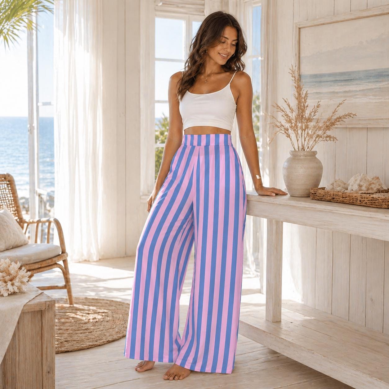 Pink Blue Striped Wide Leg Pants, Pastel High Waist Trousers, Summer Vacation Fashion