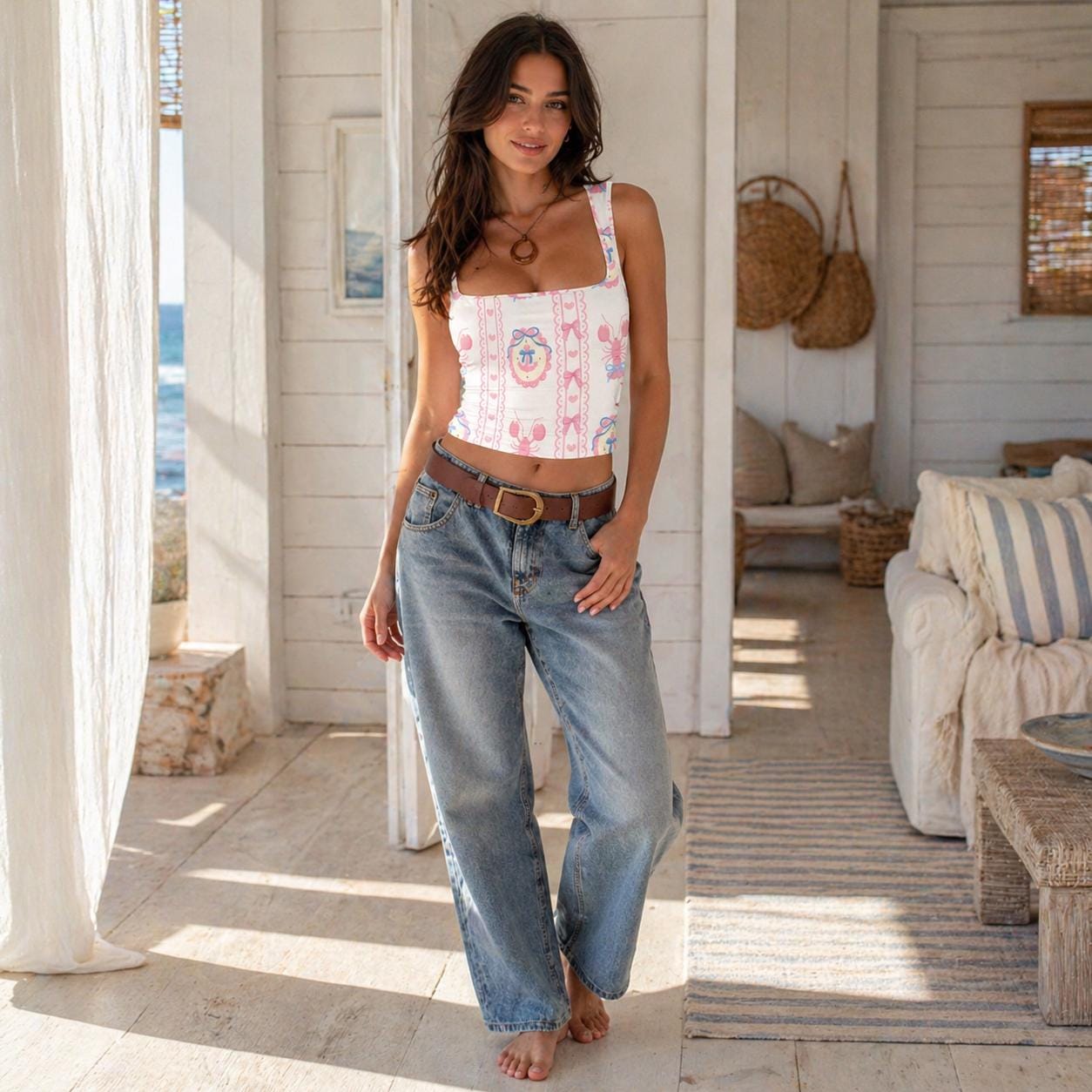 Pink Lobster Print Crop Tank Top, Coquette Bows, Square Neck Summer Beach Top