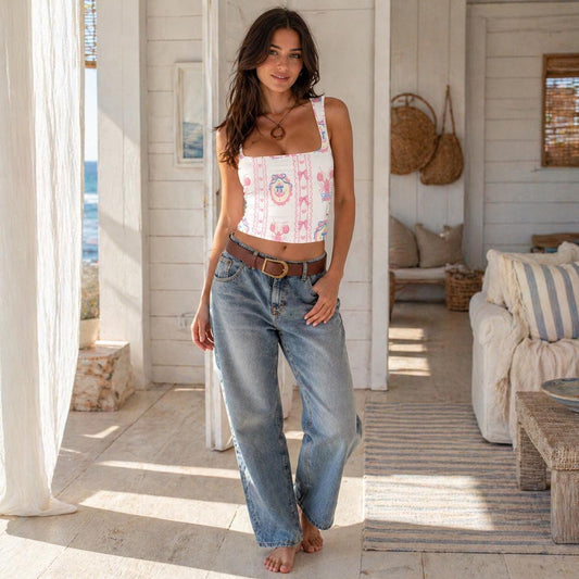 Pink Lobster Print Crop Tank Top, Coquette Bows, Square Neck Summer Beach Top