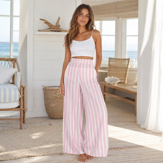 Pink Striped Wide Leg Pants, Coastal Summer Trousers, Breezy Vacation Resort Wear