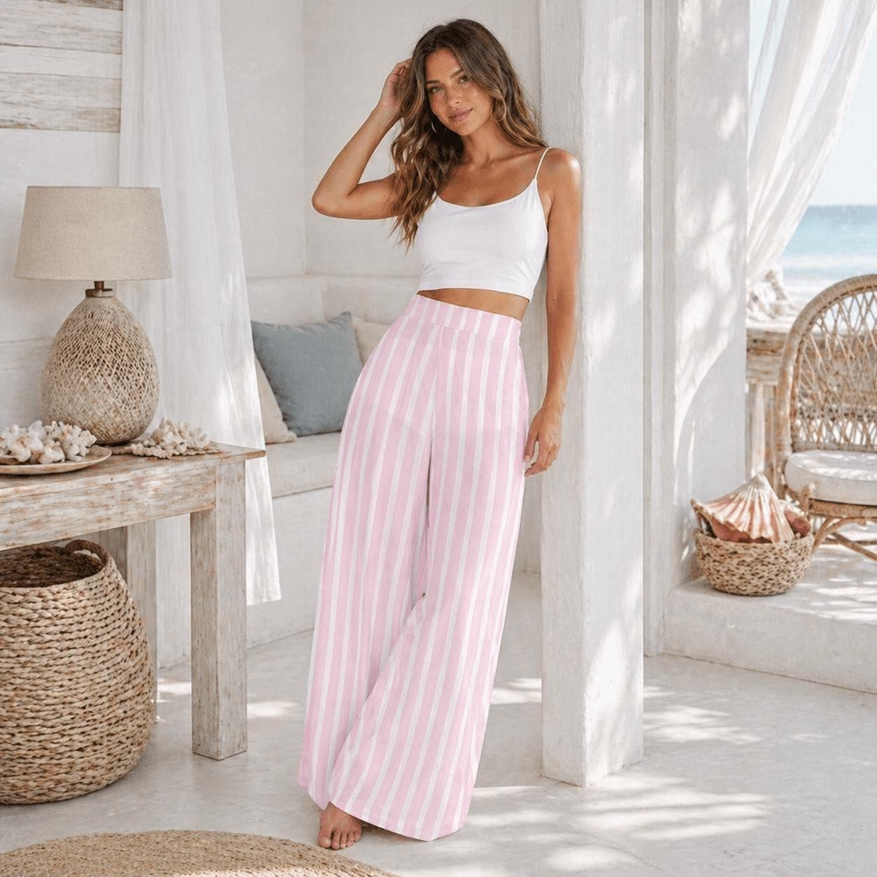 Pink Striped Wide Leg Pants, Coastal Summer Trousers, Breezy Vacation Resort Wear