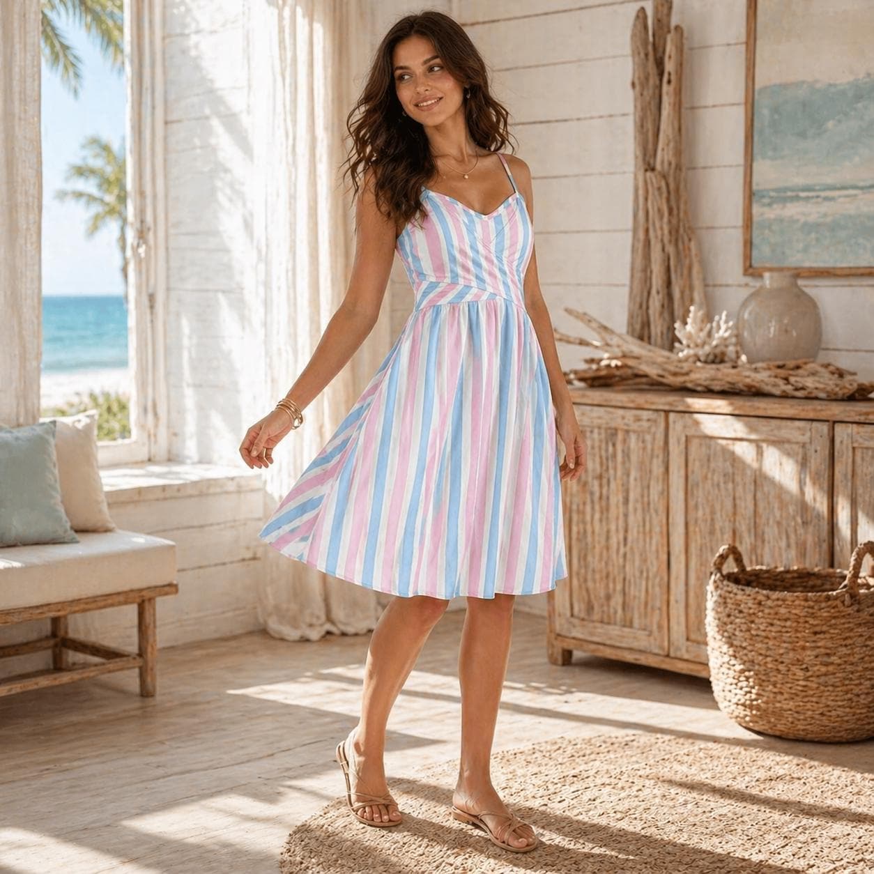 Pastel Rainbow Stripe Sundress, Strappy Coastal Beach Resort Dress