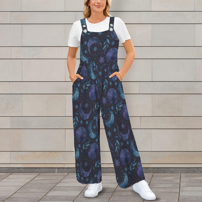 Celestial Moon Wide Leg Jumpsuit, Galaxy Stars Pockets Outfit