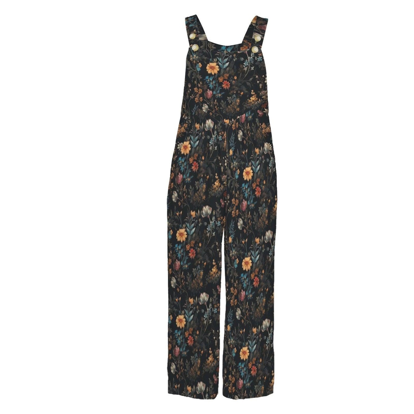 Dark Floral Wide Leg Jumpsuit, Cottagecore Garden Overalls with Pockets