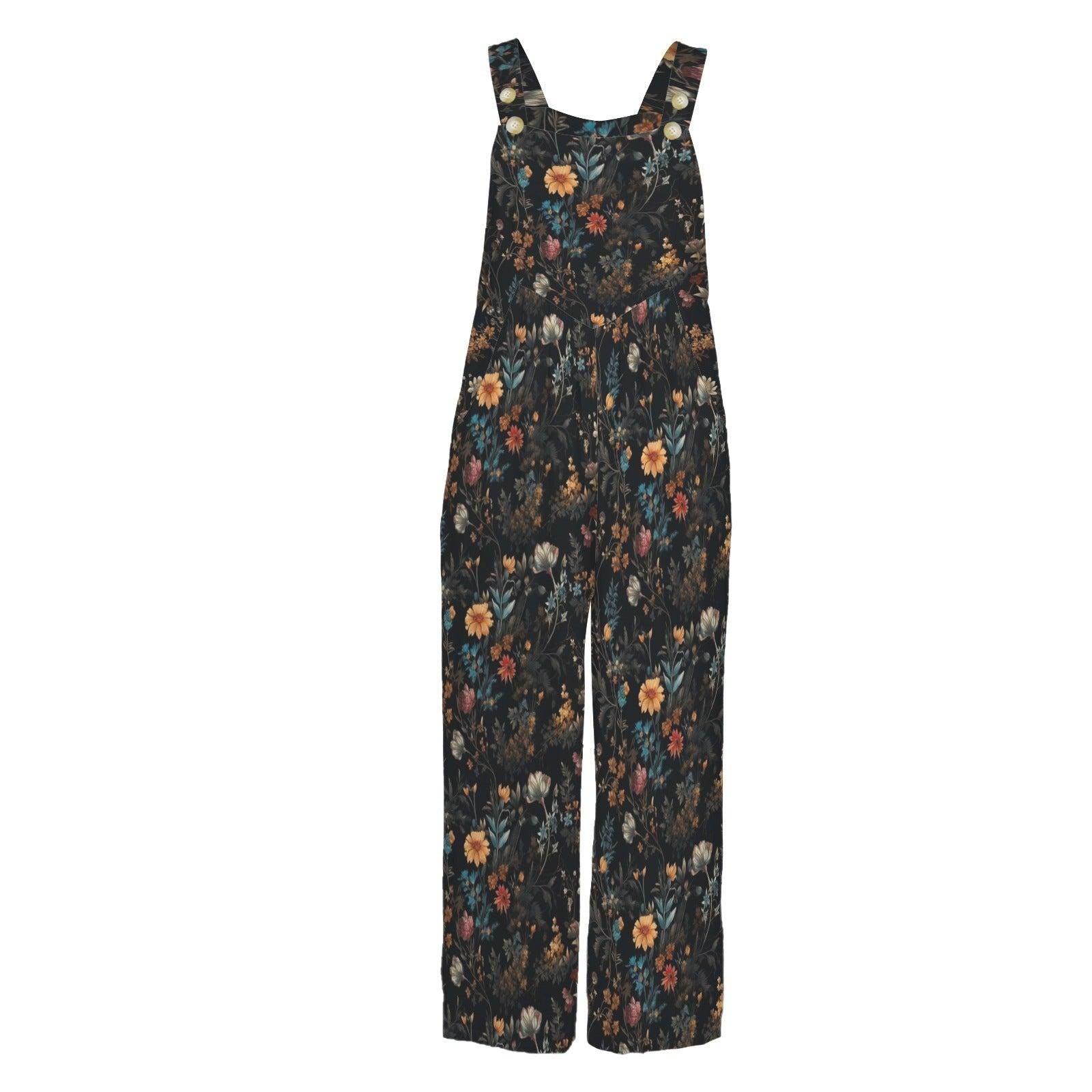 Dark Floral Wide Leg Jumpsuit, Cottagecore Garden Overalls with Pockets