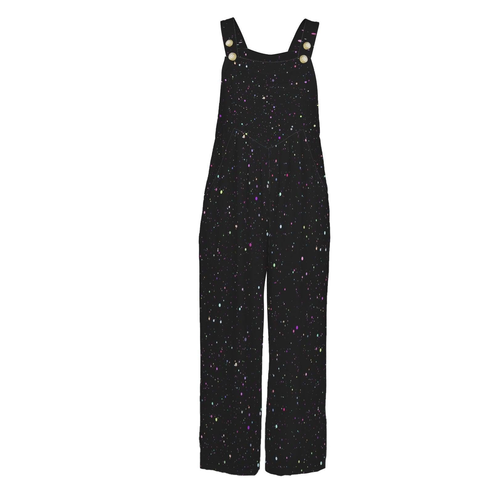 Black Star Print Jumpsuit, Colorful Speckle Wide Leg Overalls, Celestial Outfit with Pockets