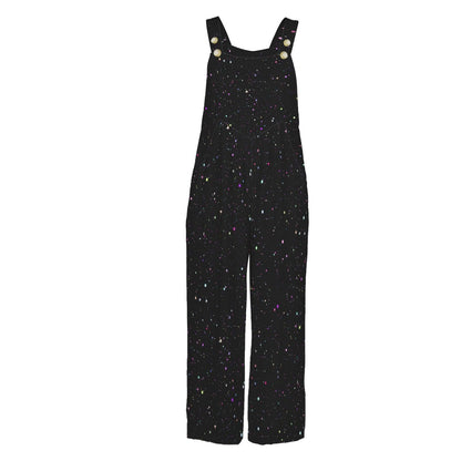 Black Star Print Jumpsuit, Colorful Speckle Wide Leg Overalls, Celestial Outfit with Pockets