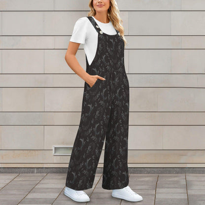 Dark Botanical Jumpsuit, Subtle Moon Print Wide Leg Overalls, Witchy Cottagecore Outfit