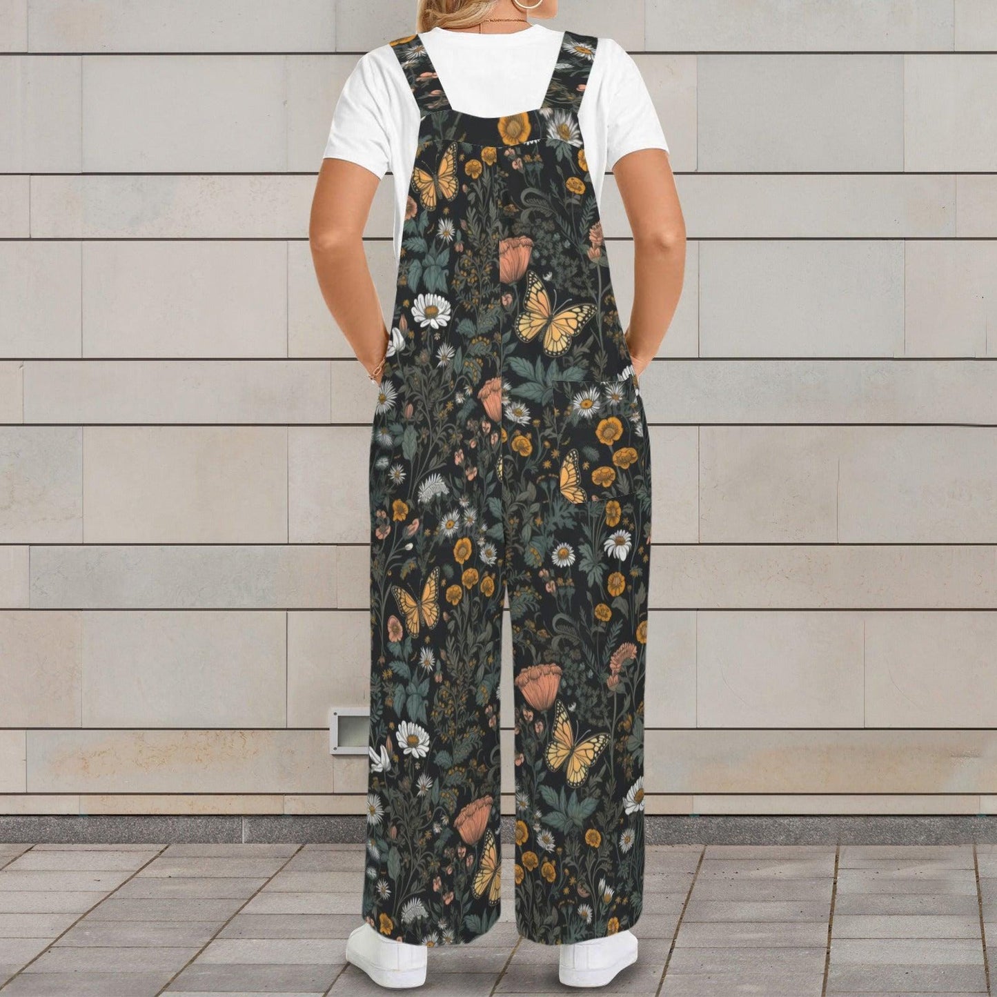 Wildflower Butterfly Jumpsuit, Botanical Wide Leg Cottagecore Overalls