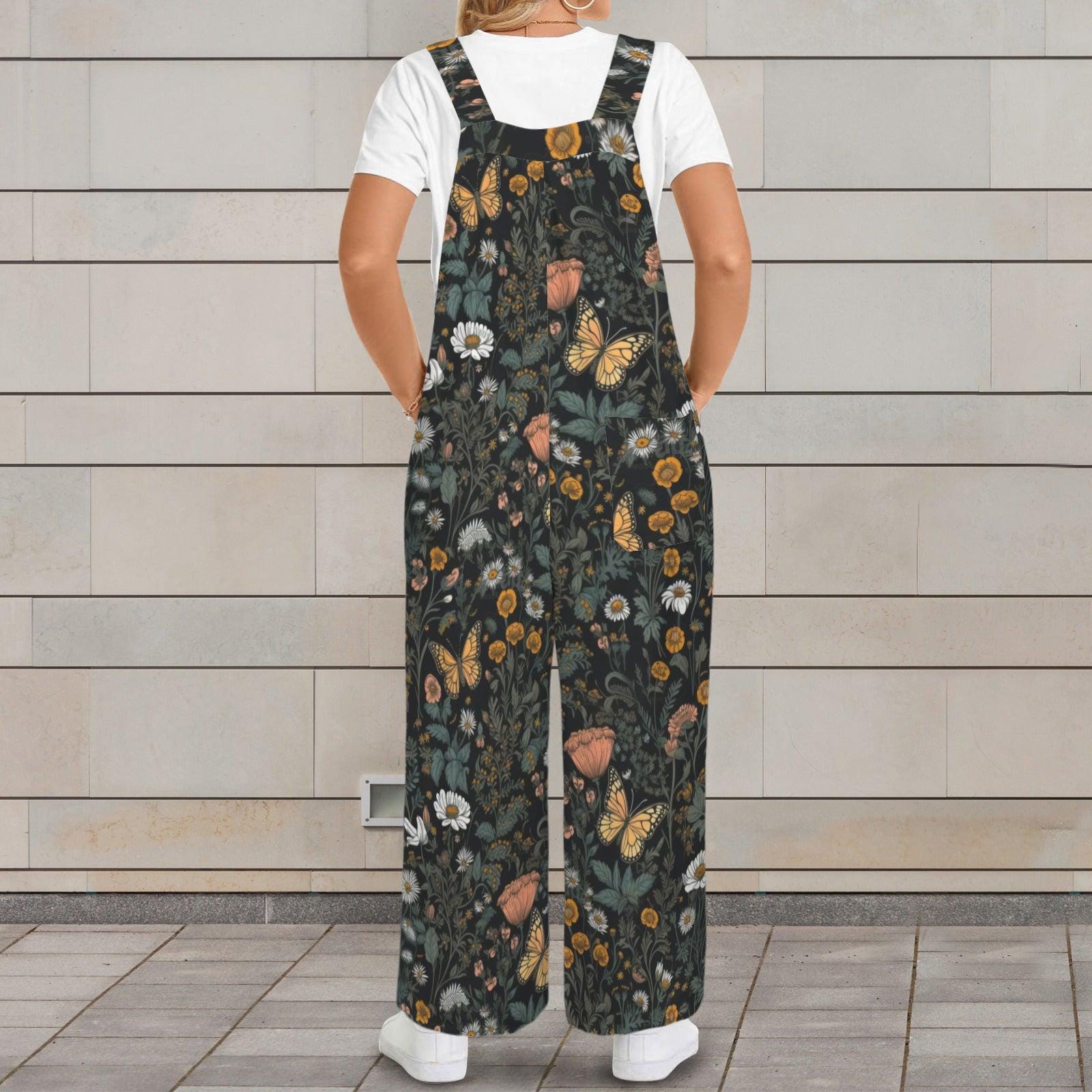 Wildflower Butterfly Jumpsuit, Botanical Wide Leg Cottagecore Overalls