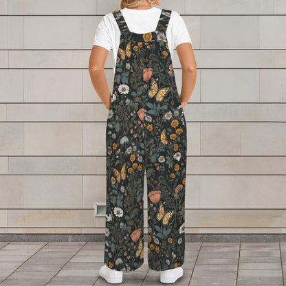 Rear view of the wildflower butterfly wide-leg jumpsuit with white sneakers