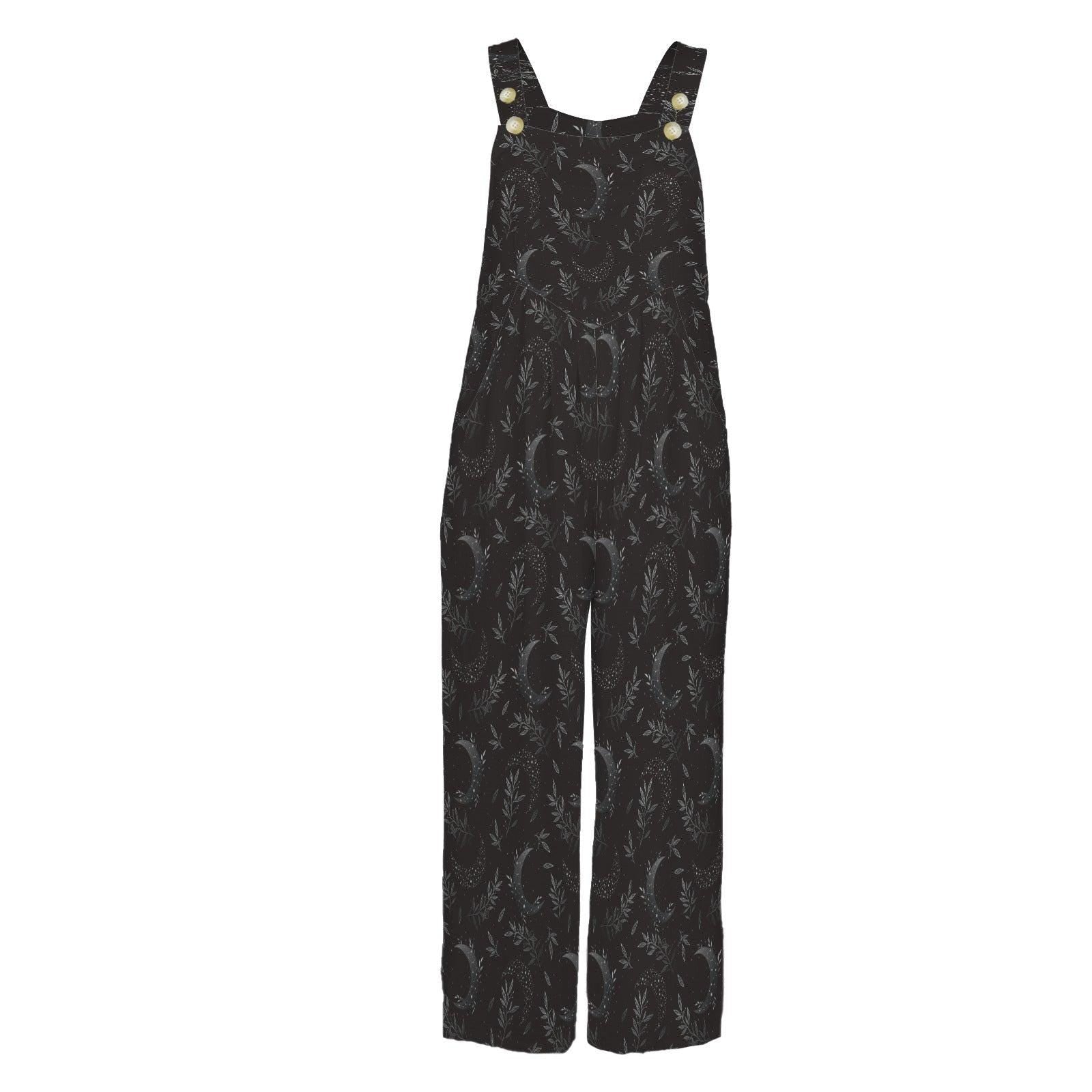 Dark Botanical Jumpsuit, Subtle Moon Print Wide Leg Overalls, Witchy Cottagecore Outfit