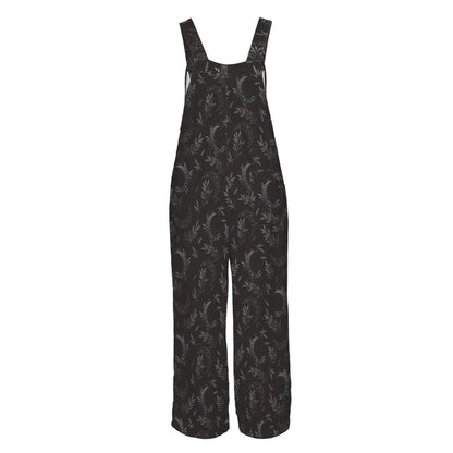 Dark Botanical Jumpsuit, Subtle Moon Print Wide Leg Overalls, Witchy Cottagecore Outfit