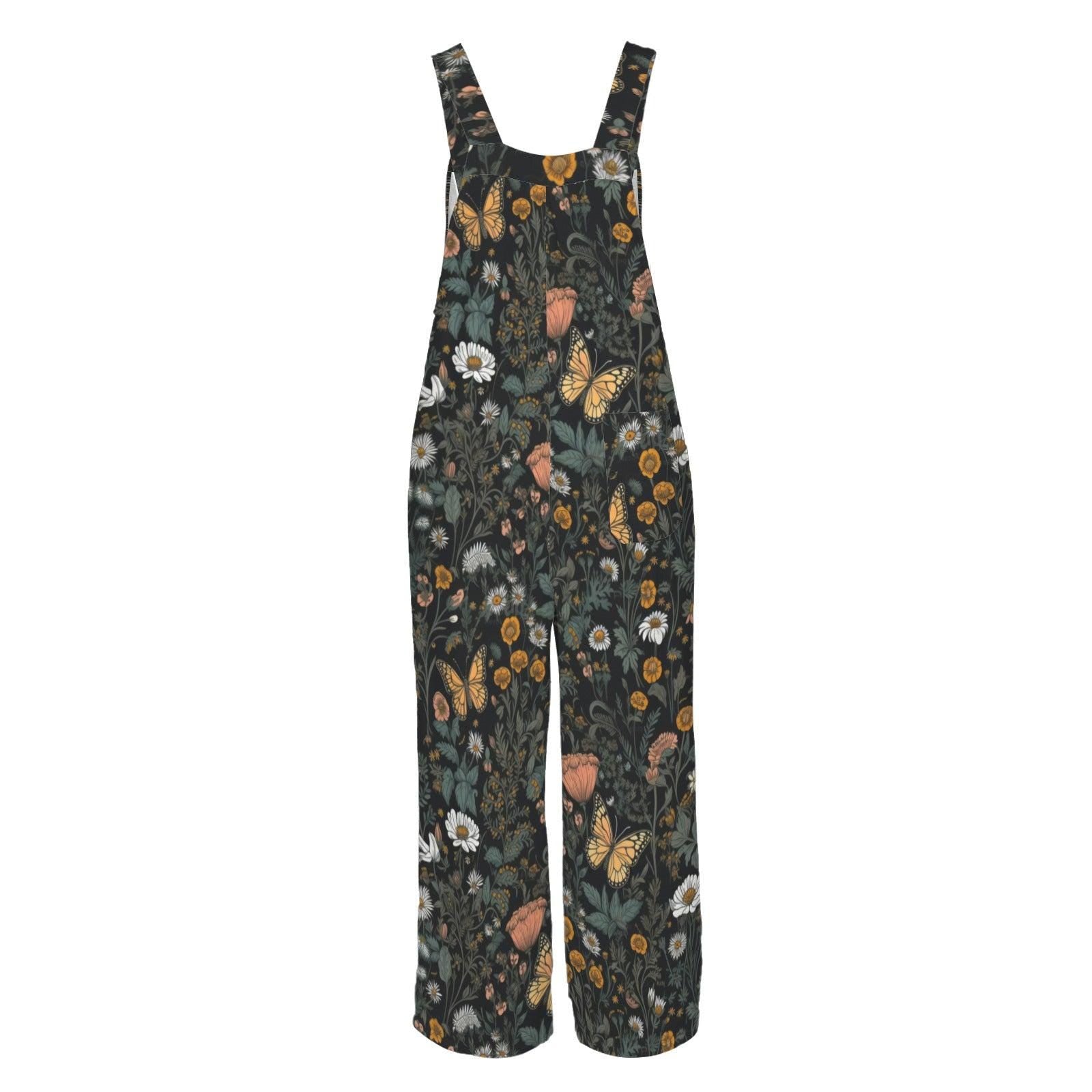 Wildflower Butterfly Jumpsuit, Botanical Wide Leg Cottagecore Overalls