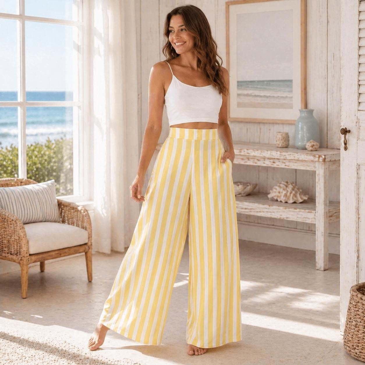 Yellow Stripe Wide Leg Pants, High Waist Resort Trousers, Coastal Summer Lounge Wear