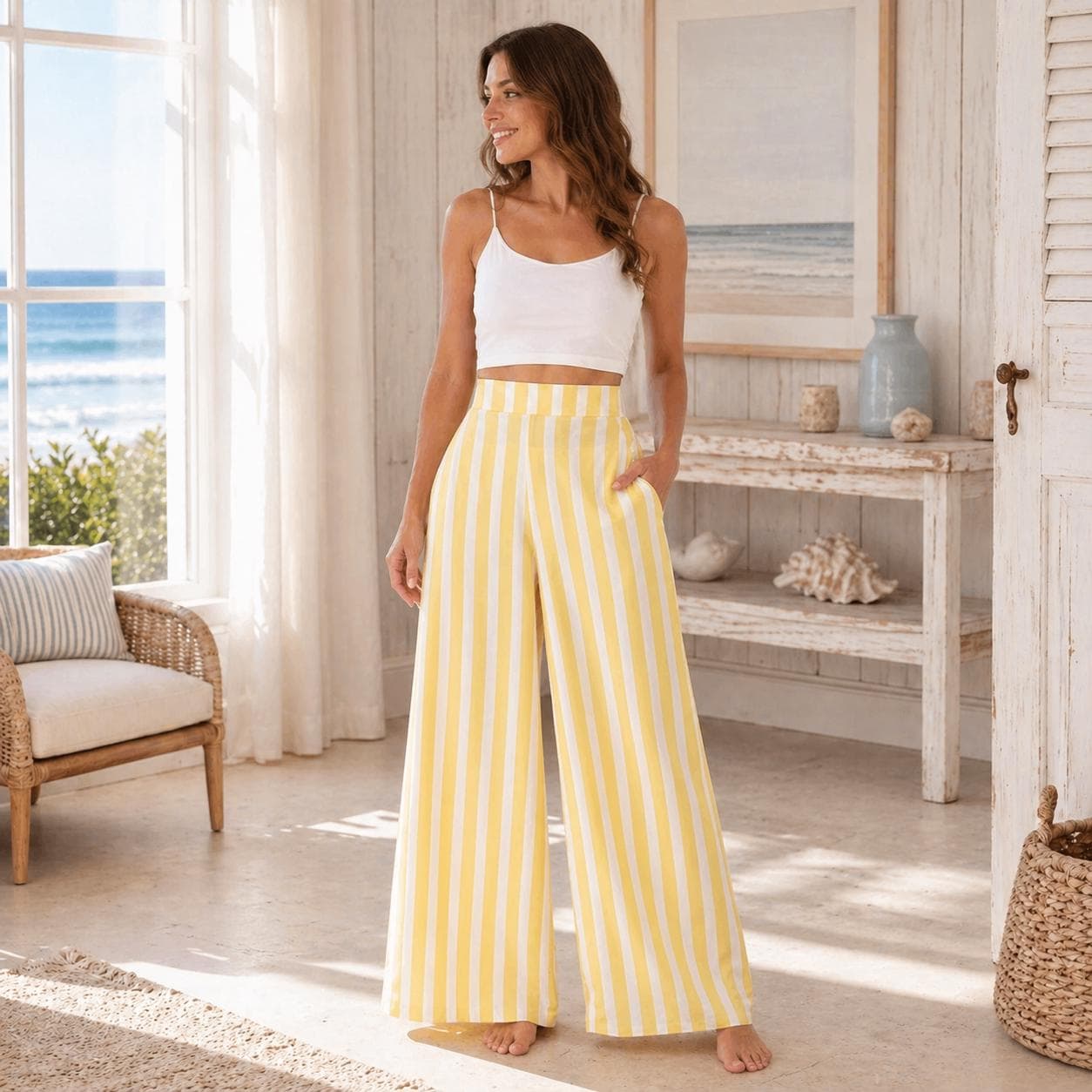 Yellow Stripe Wide Leg Pants, High Waist Resort Trousers, Coastal Summer Lounge Wear