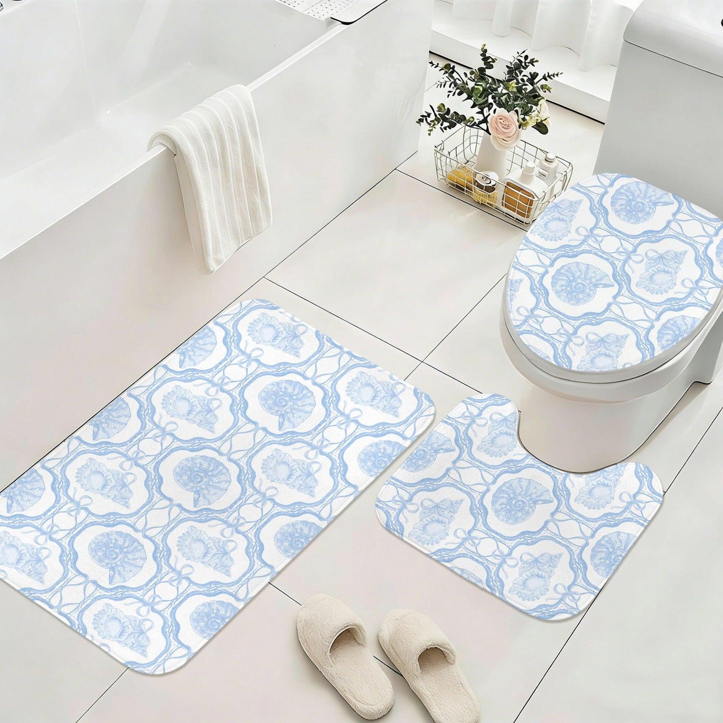 Blue Seashell Shower Curtain, Coastal Lattice Bathroom Decor, Bow Pattern Bath Curtain