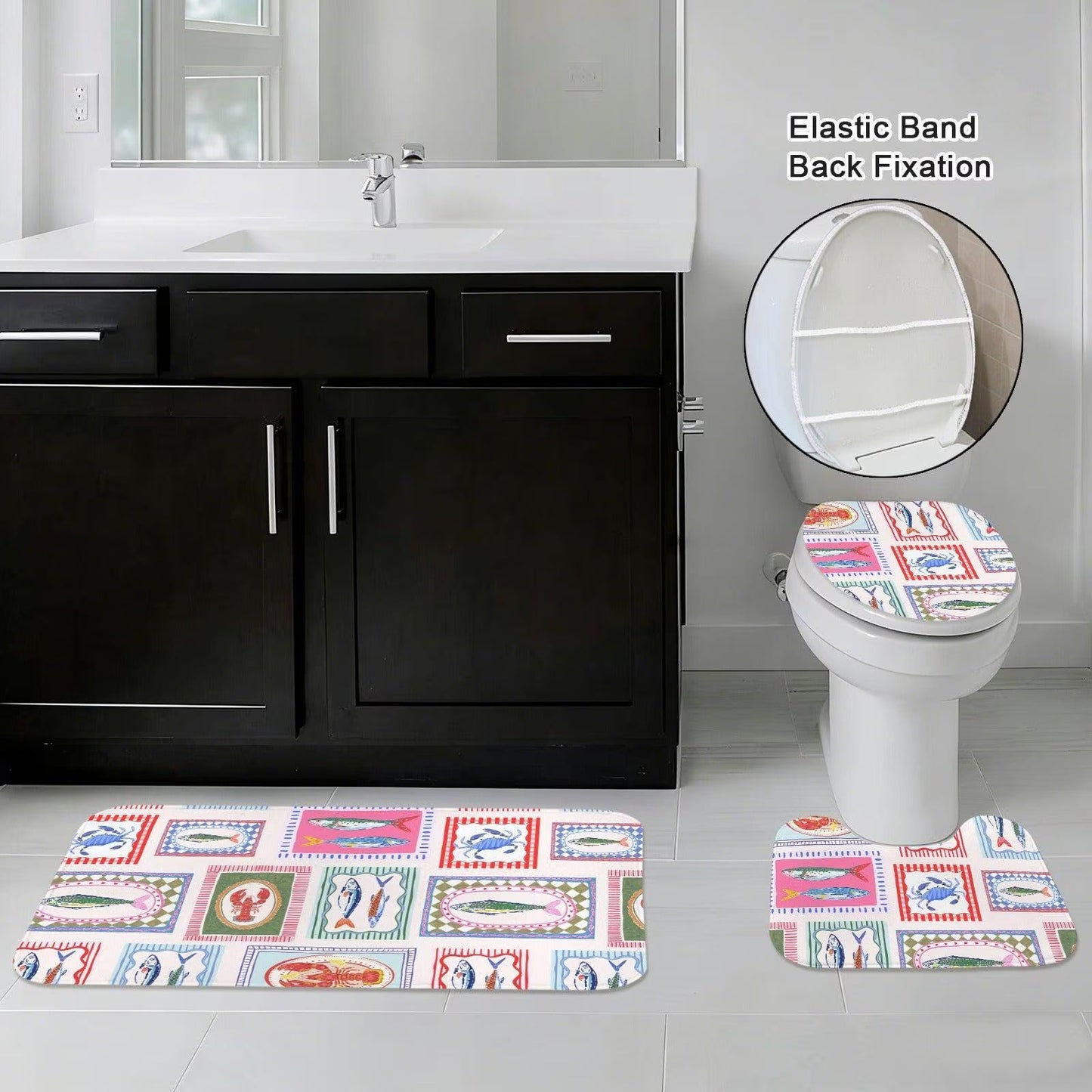 Seafood Tile Shower Curtain, Colorful Coastal Bathroom Decor, Fish Lobster Crab Bath Accent
