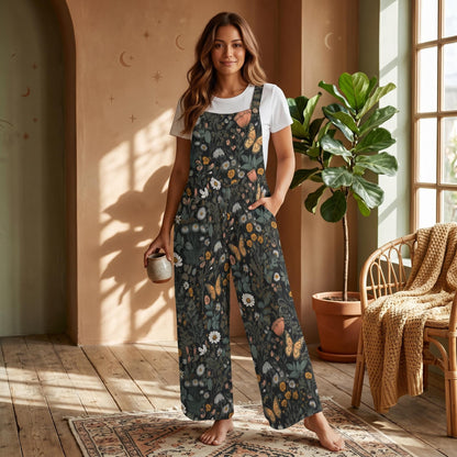Model holding a mug in the wildflower butterfly wide-leg jumpsuit beside a houseplant