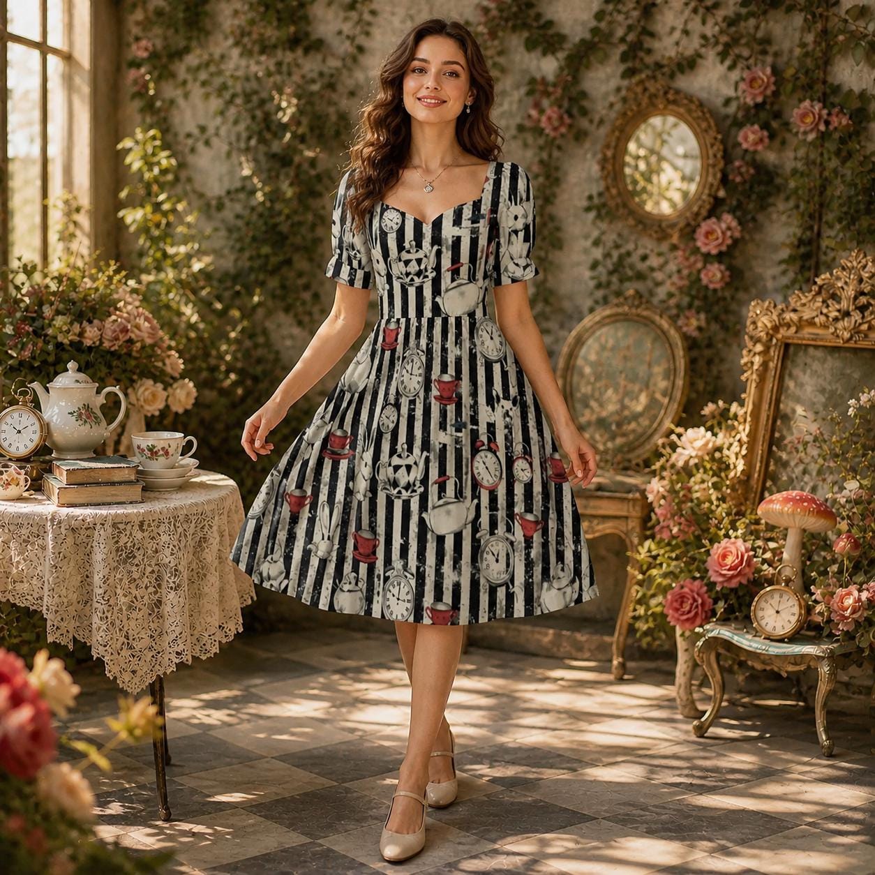 Wonderland Rabbit Midi Dress, Tea Party Clock Print, Striped Puff Sleeve Fantasy Dress, Vintage Storybook Style