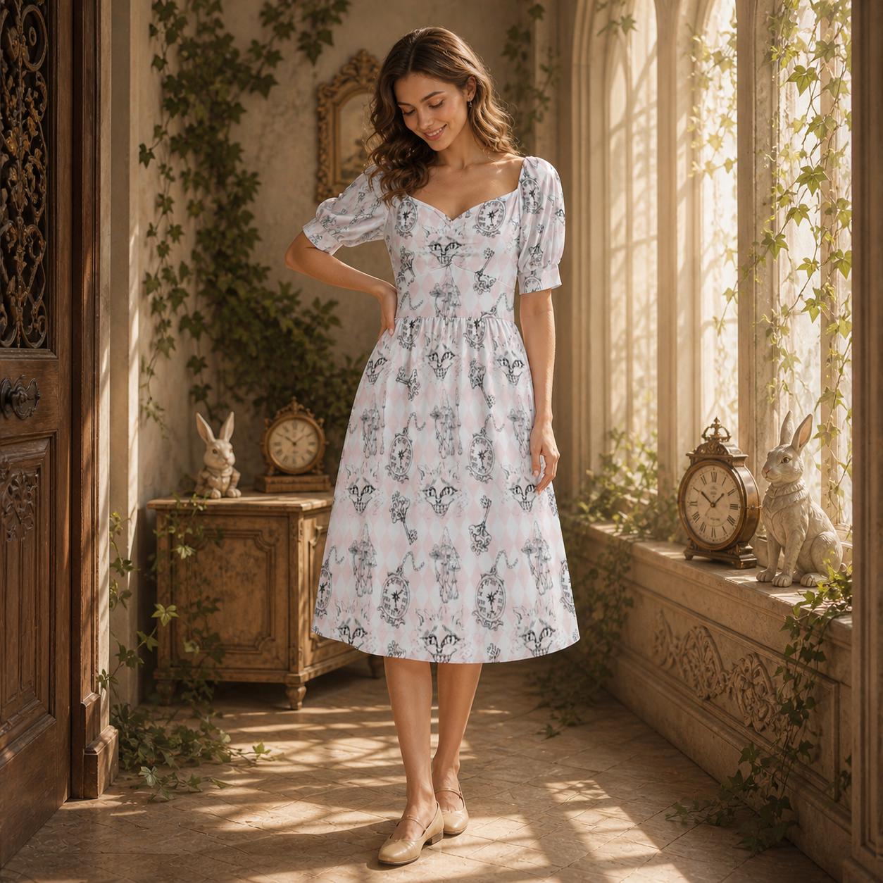 Alice Inspired Midi Dress, Wonderlands Queen of Hearts Tea Party Dress, Storybook Puff Sleeve Fantasy Dress