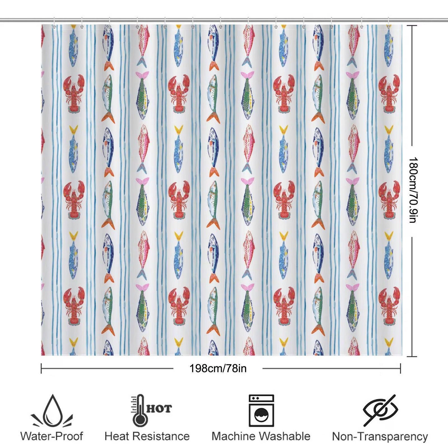 Striped Lobster Fish Bathroom Mat Set, Coastal Seafood Bath Decor Rugs