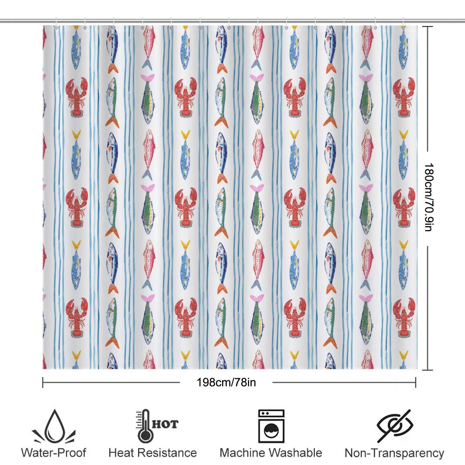 Striped Lobster Fish Bathroom Mat Set, Coastal Seafood Bath Decor Rugs