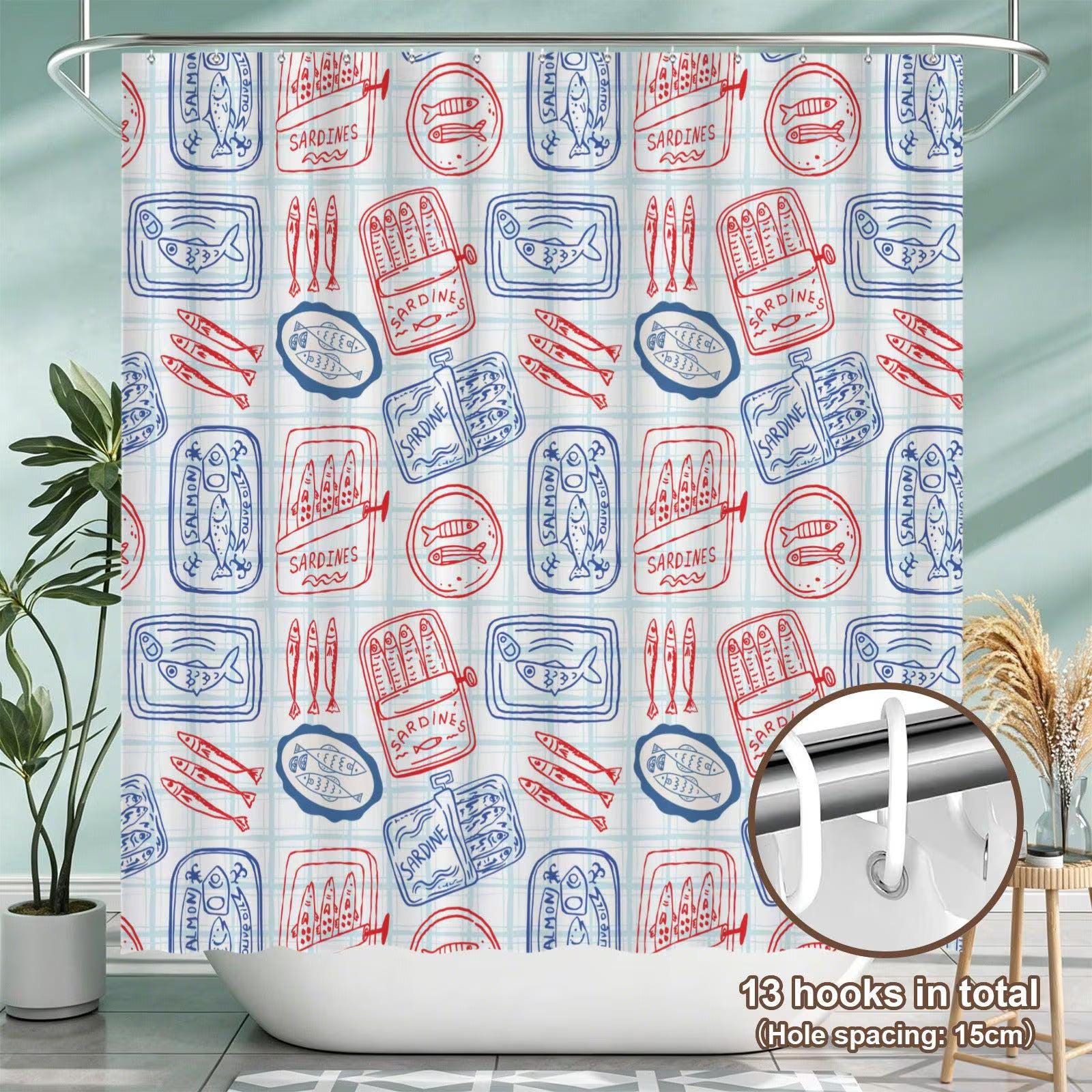 Tinned Fish Sardine Bath Mat Set, Coastal Nautical Bathroom Decor, Red Blue Seafood Print