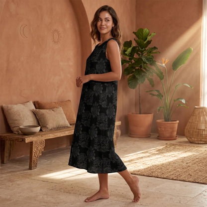 Black Floral Midi Dress, Sleeveless Beach Dress, Vacation Sundress