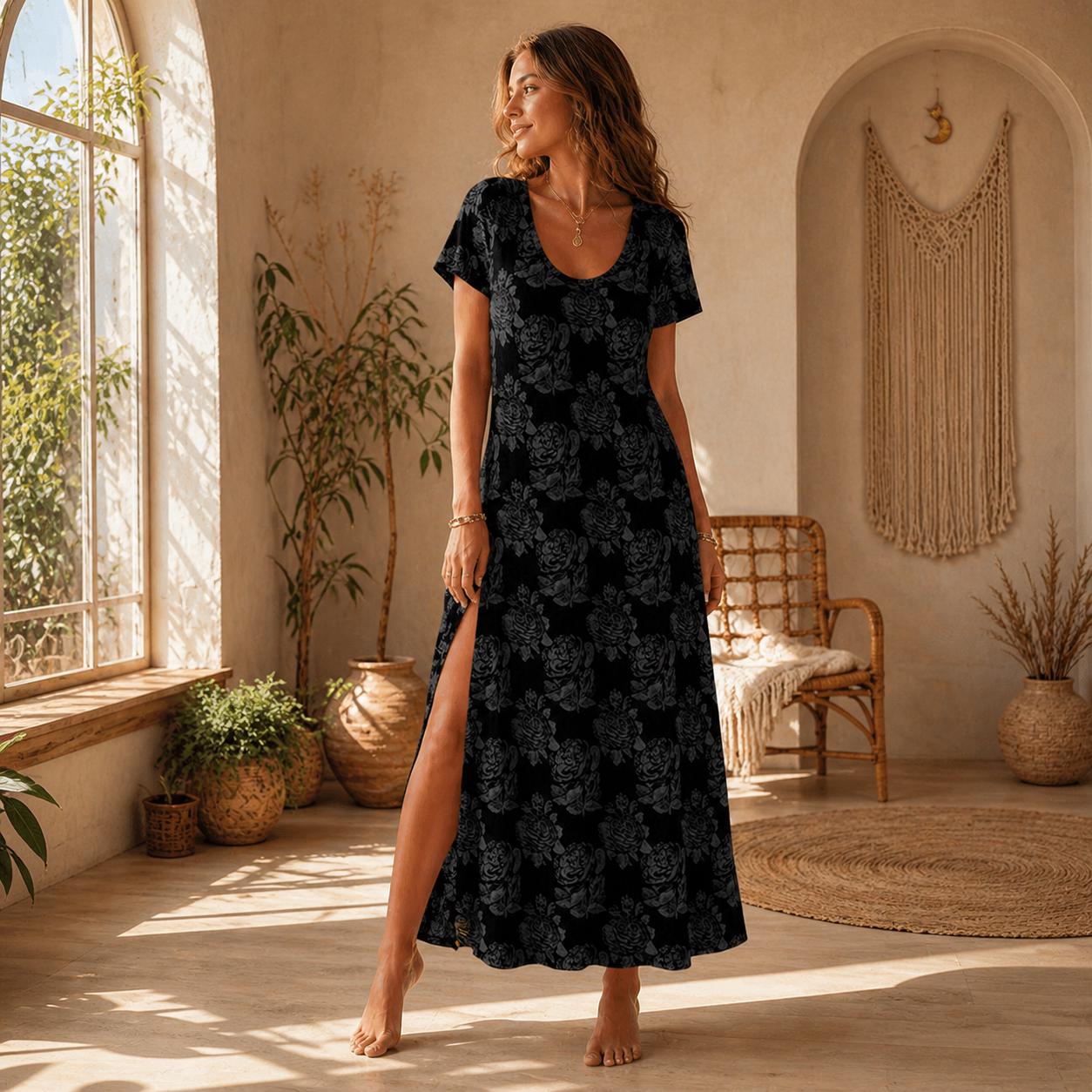 Black Rose Maxi Dress, Dark Floral Gothic Style, Short Sleeve Scoop Neck