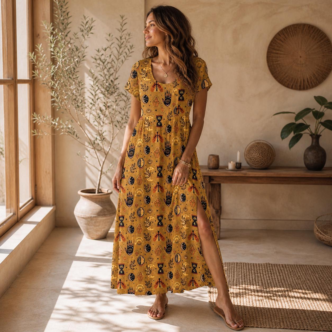 Mustard Tarot Print Maxi Dress, Mystic Boho Moon Phase Festival Outfit