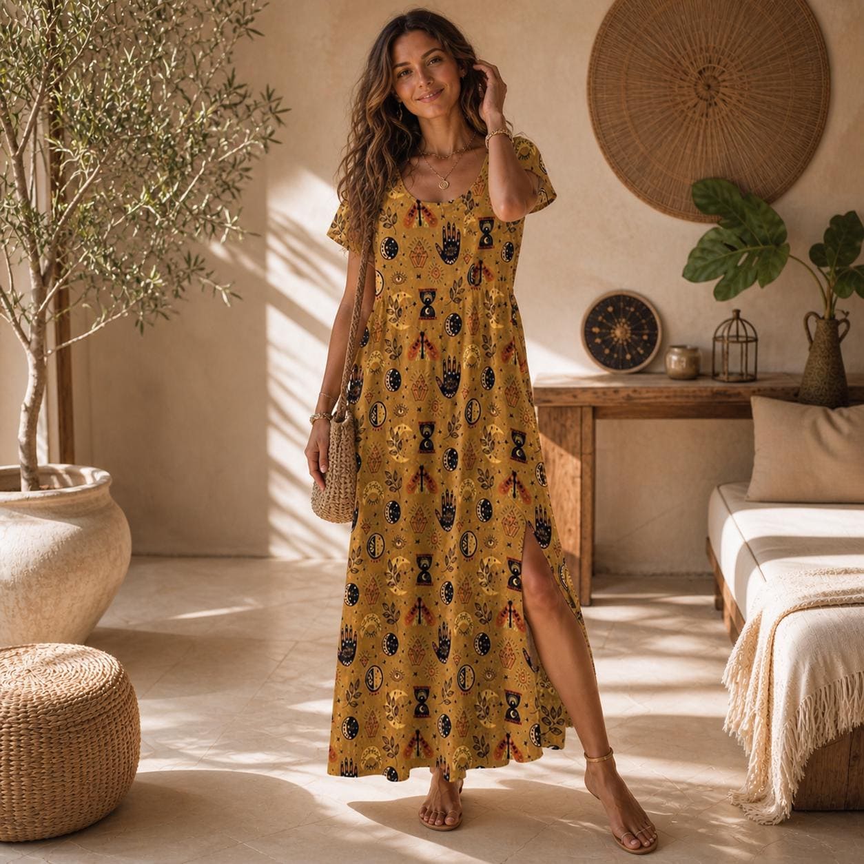 Mustard Tarot Print Maxi Dress, Mystic Boho Moon Phase Festival Outfit