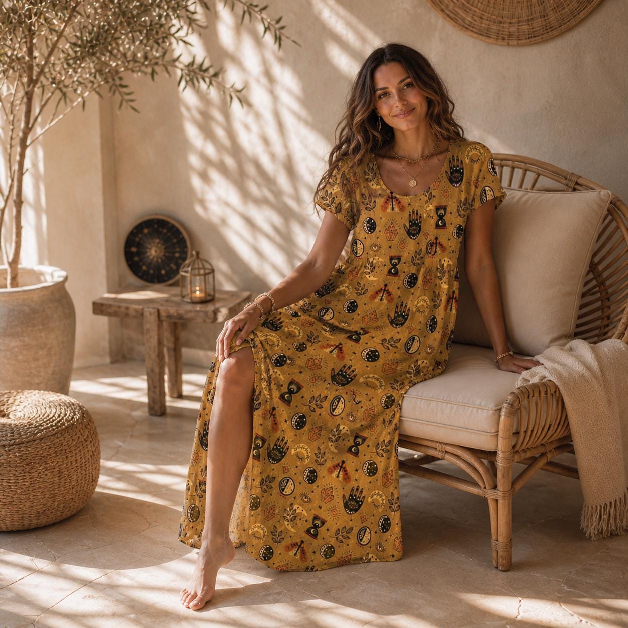 Mustard Tarot Print Maxi Dress, Mystic Boho Moon Phase Festival Outfit