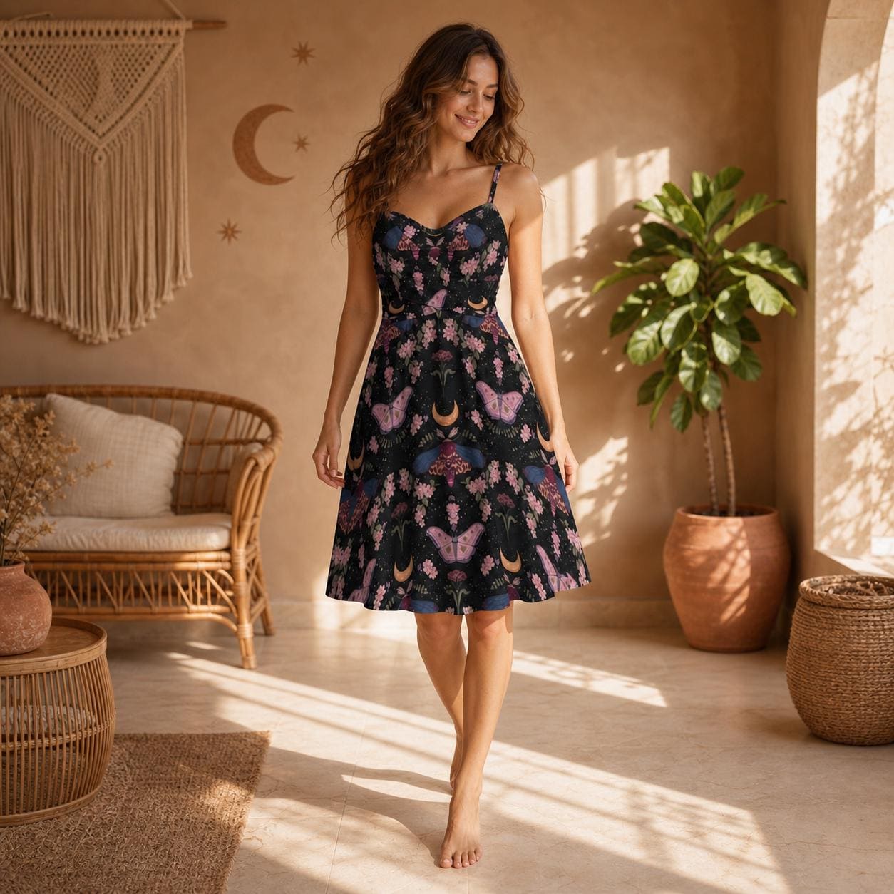 Moth Moon Sundress, Celestial Floral Fit and Flare Midi Dress, Witchy Cottagecore Outfit