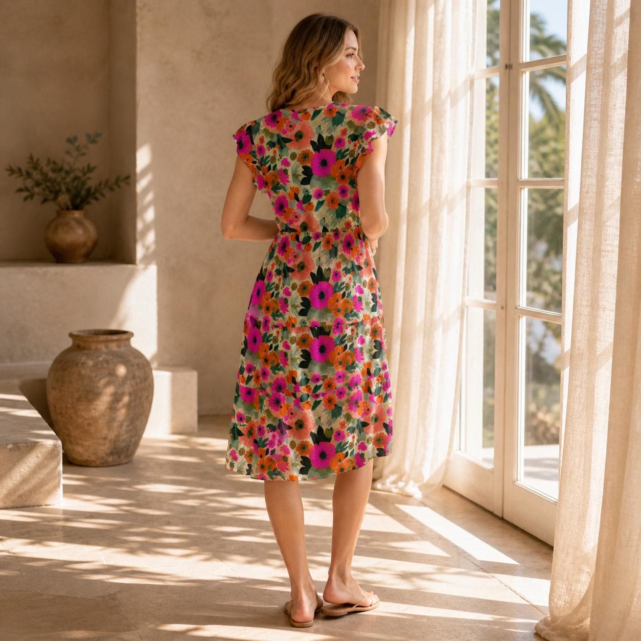 Colorful Floral V-Neck Fit and Flare Dress, Cottage Garden Style, Spring Brunch Sundress