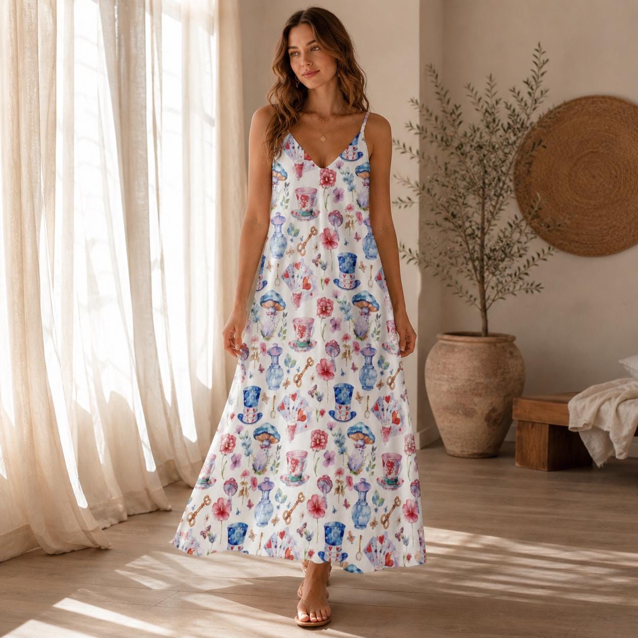 Tea Cup Print Sundress, White Strappy Maxi Dress, Cottagecore Tea Party Dress for Garden Showers Vacation and Whimsical Gifting