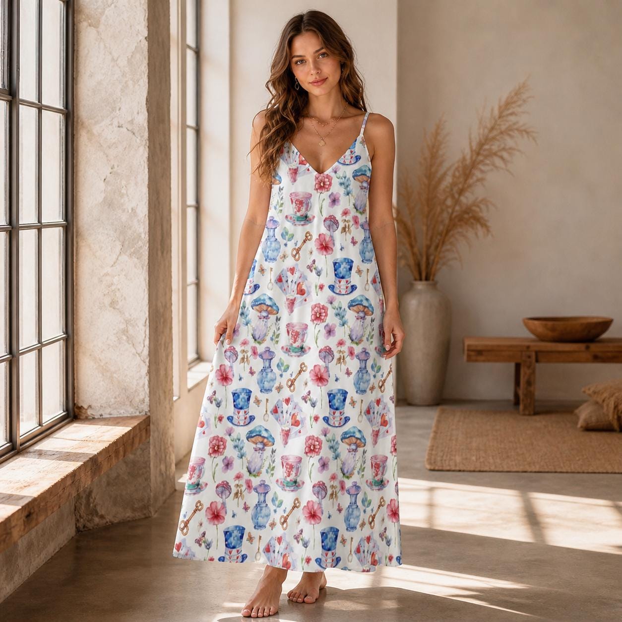 Tea Cup Print Sundress, White Strappy Maxi Dress, Cottagecore Tea Party Dress for Garden Showers Vacation and Whimsical Gifting