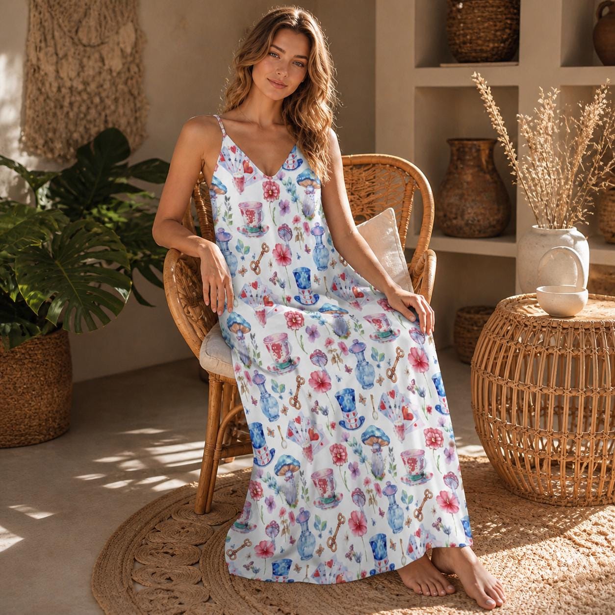Tea Cup Print Sundress, White Strappy Maxi Dress, Cottagecore Tea Party Dress for Garden Showers Vacation and Whimsical Gifting
