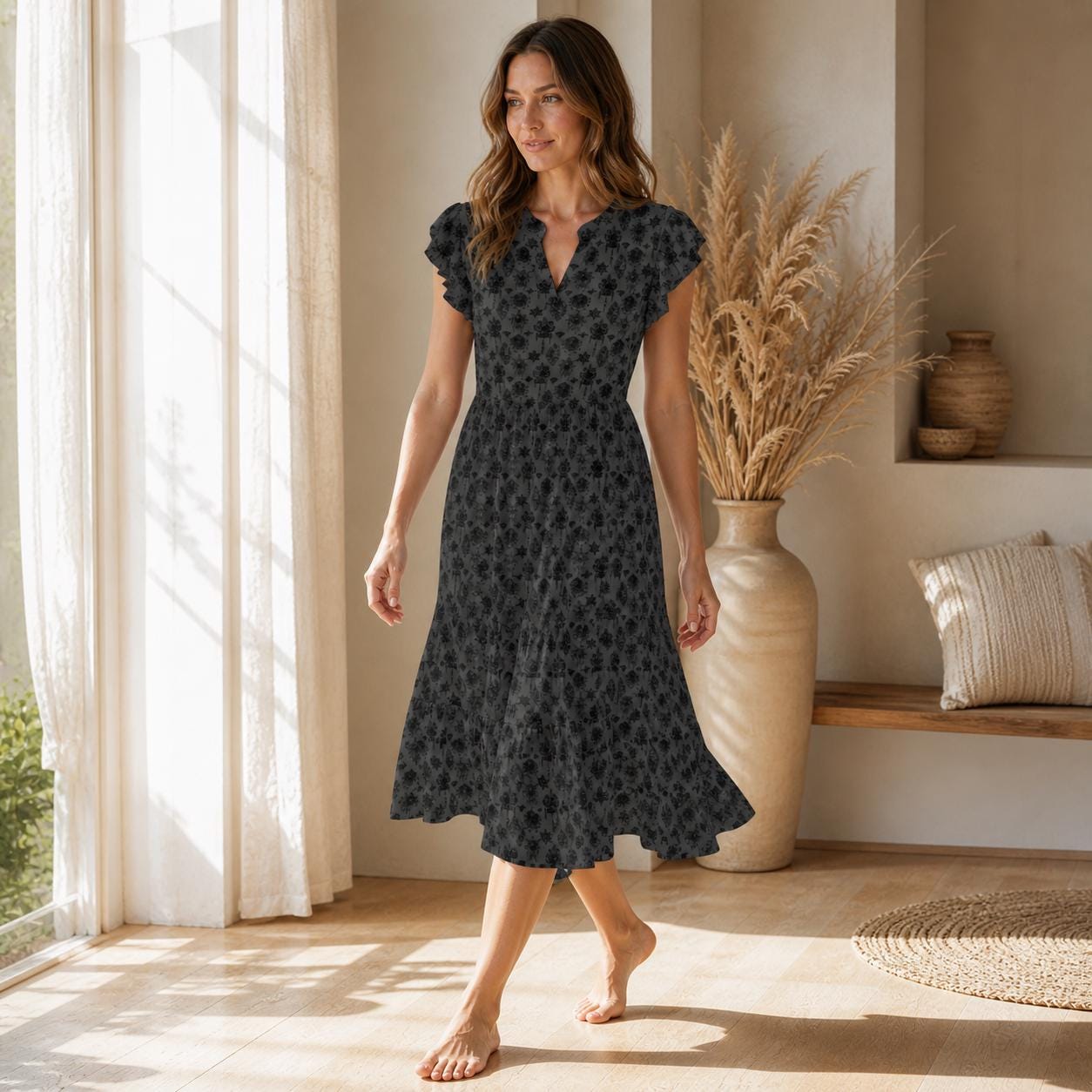 Witchy Floral Midi Dress, Black Flutter Sleeve, Dark Cottage Garden V Neck