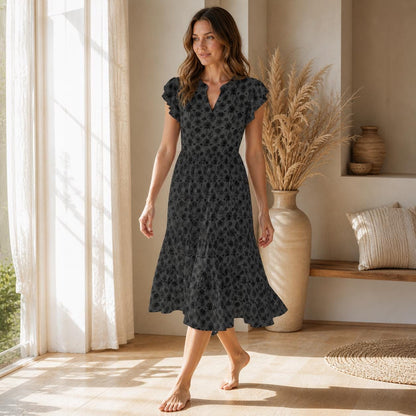 Witchy Floral Midi Dress, Black Flutter Sleeve, Dark Cottage Garden V Neck