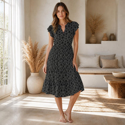 Witchy Floral Midi Dress, Black Flutter Sleeve, Dark Cottage Garden V Neck