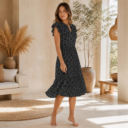 Witchy Floral Midi Dress, Black Flutter Sleeve, Dark Cottage Garden V Neck