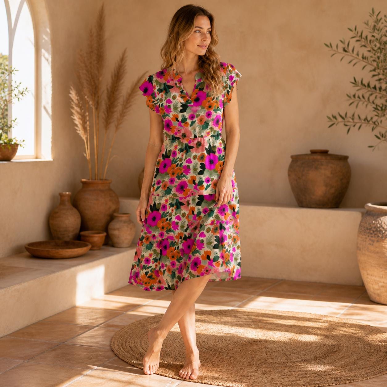 Colorful Floral V-Neck Fit and Flare Dress, Cottage Garden Style, Spring Brunch Sundress