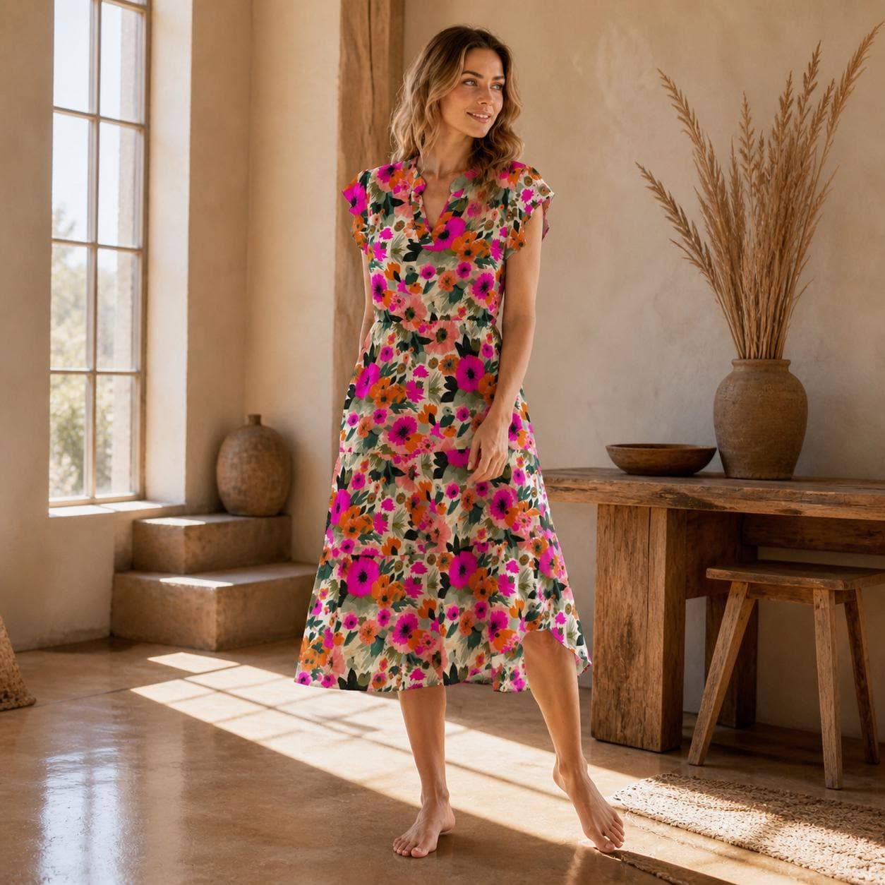 Colorful Floral V-Neck Fit and Flare Dress, Cottage Garden Style, Spring Brunch Sundress